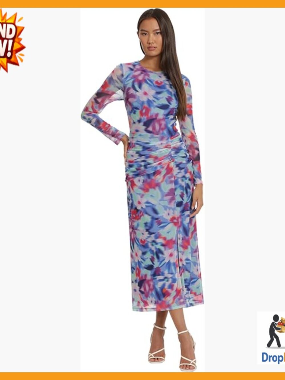 Elegant Long Sleeve Cocktail Dress Ruched Waist Slit Midi Formal Occasion